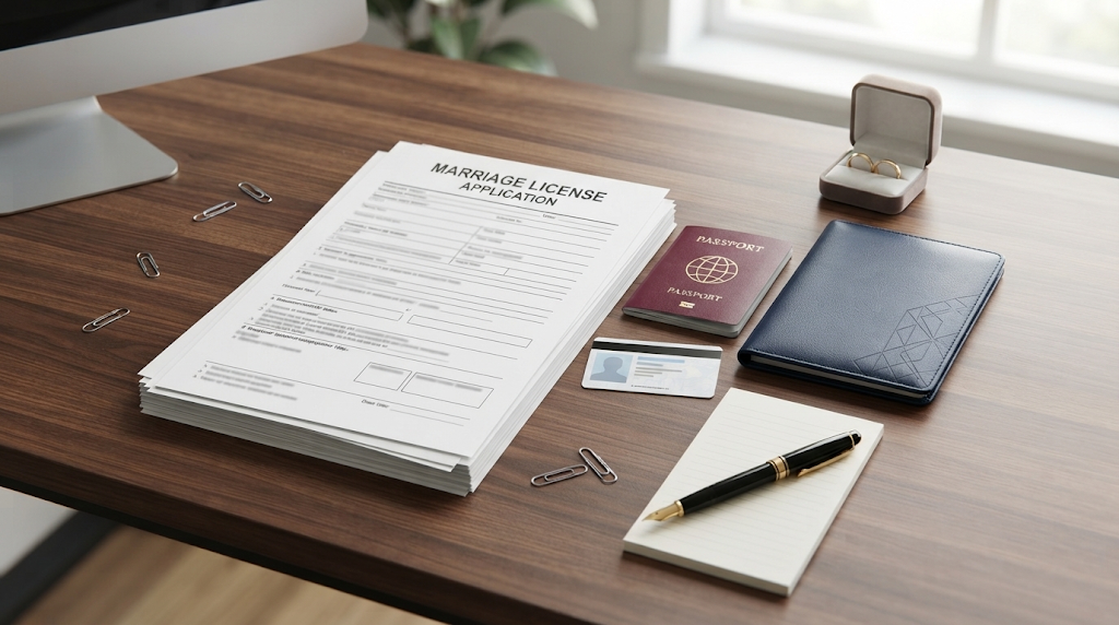 Checking documents before leaving for the Marriage License Bureau